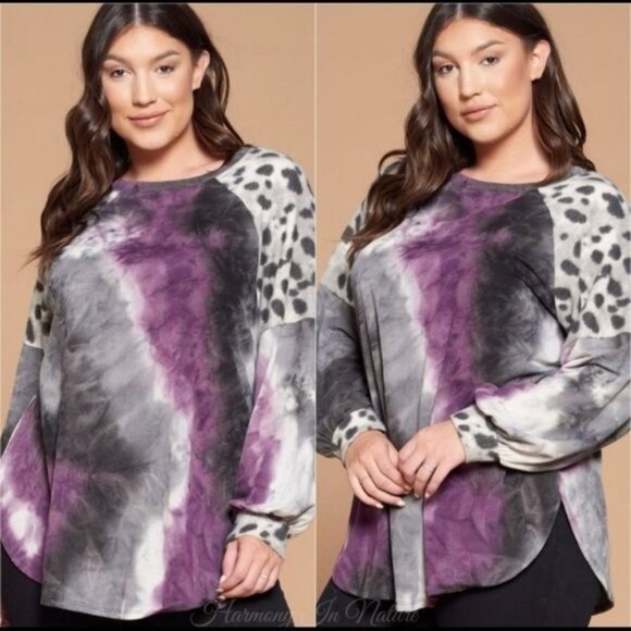 Womens Plus Size Top Purple Tie-Dye Leopard Print Long Sleeve by Emerald - Picture 11 of 12